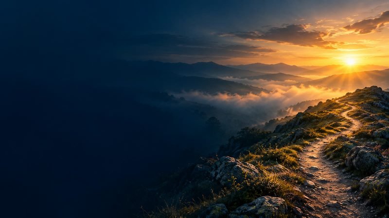 Un camino de montaña al amanecer, con la luz del sol naciente iluminando el sendero